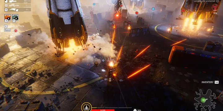 Official Steam store screenshot: a large white mech descending into a burning battlefield in front of the squad.