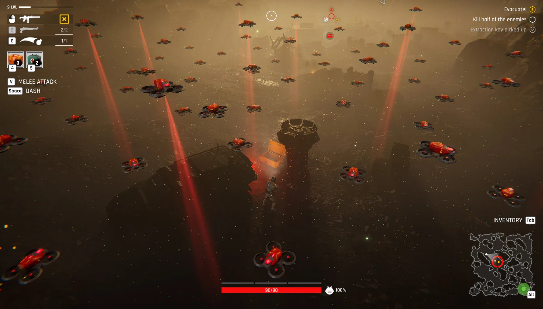 Official Steam store screenshot: night terrain swarming with small red robotic enemies while the player fires into the group.